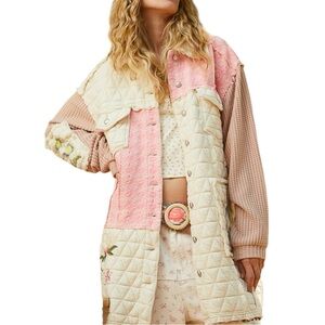 POL Women's Patchwork Quilted and Embroidered Vintage-LikJacket -Pink and Cream
